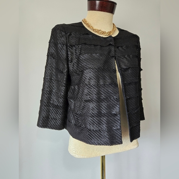 Joan & David Lightweight Black Cropped Textured Jacket With Mulberry Silk Trim. - Picture 2 of 10